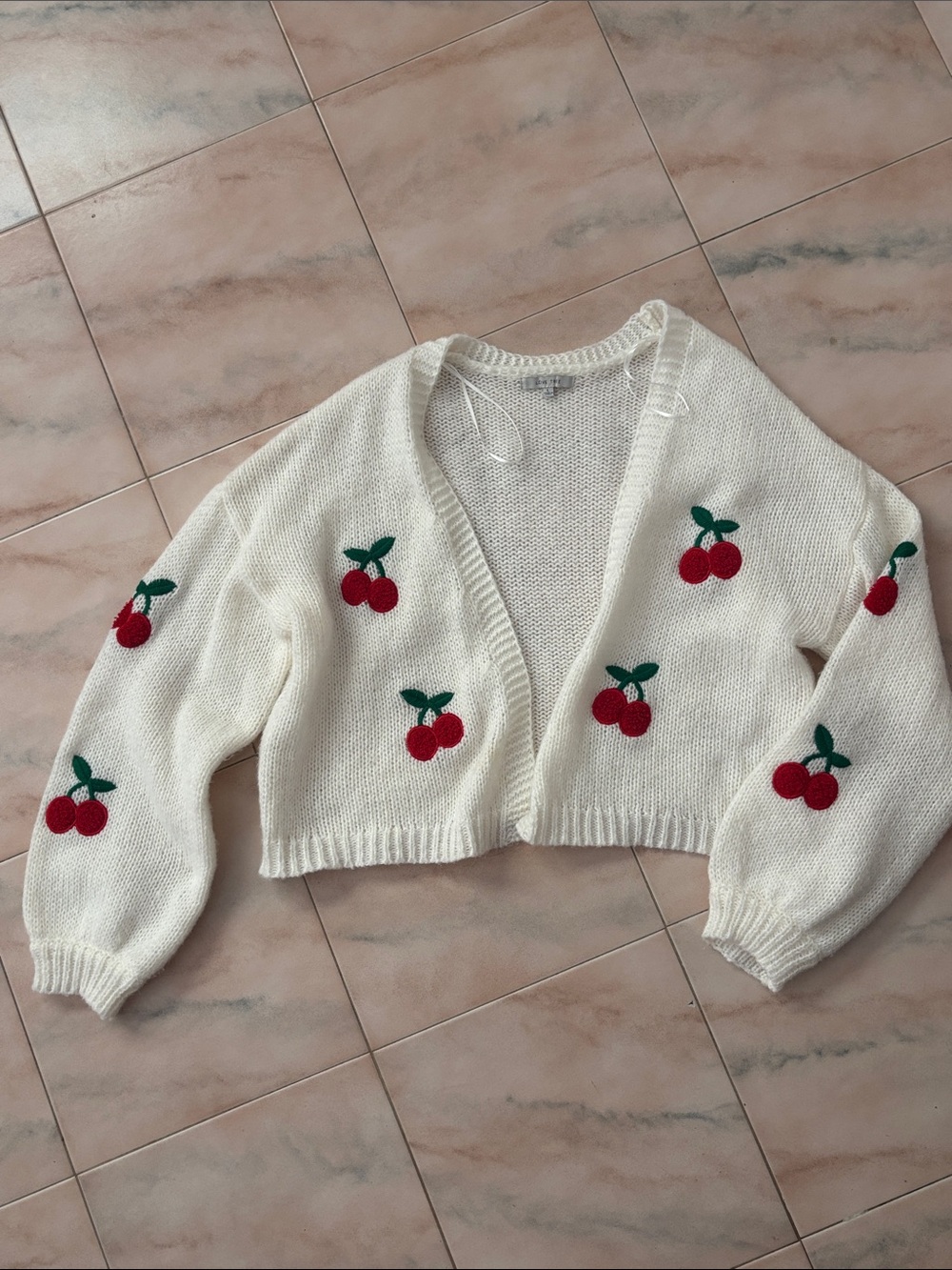 Cherry Embroidered Open Front Chunky Knit Cardigan Sweater